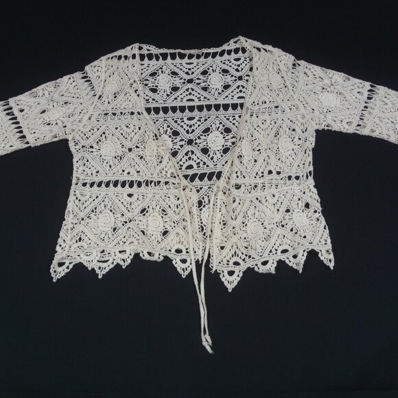 CROCHET 3/4 SLEEVE OPEN FRONT WOMENS BLOUSE OFF WHITE MEDIUM L239 - Picture 3 of 7